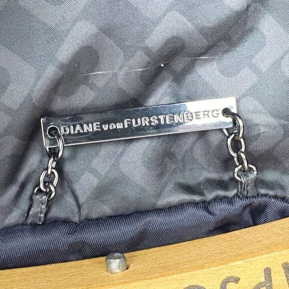 Diane Von Furstenberg Womens Winter Puffer Coat Faux Fur Hood Navy Small - Picture 4 of 7